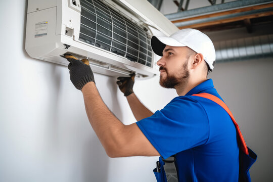 HVAC technician installing a mini split air conditioner in Duarte