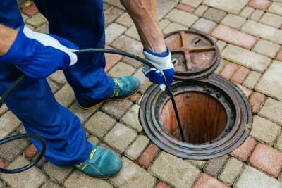 Plumber cleaning an outdoor sewer drain in Duarte