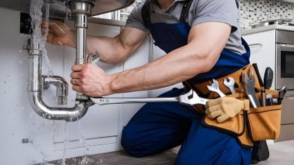 Plumber repairing pipes beneath a sink in Duarte
